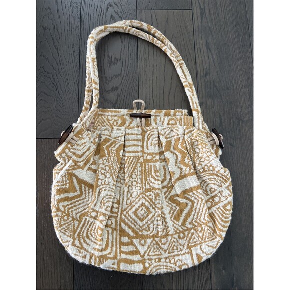 Vintage Yellow Cream Large Shoulder Bag Wooden Toggle Buttons - Picture 1 of 8